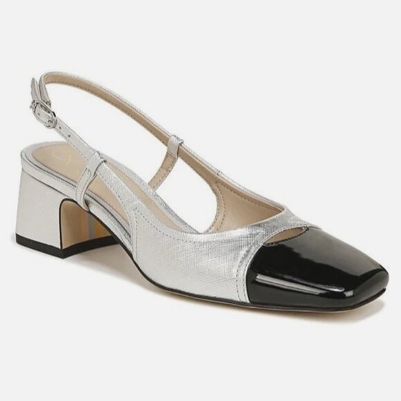 Sam Edelman Tarra Slingback Pump Heels Cap Toe Metallic Silver Black 9.5 - Picture 2 of 15